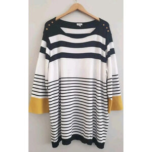 Avenue Tunic Sweater  Women's 26/28 White Black Yellow Striped Knit Top